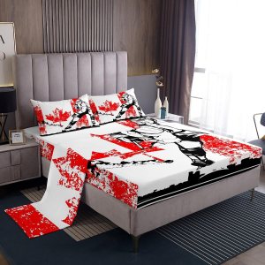 jejeloiu Juego de sábanas de hockey sobre hielo para niñas y niños, tamaño King, con diseño de bandera canadiense con bolsillo profundo, sábana jejeloiu Juego de sábanas de hockey sobre hielo para niñas y niños, tamaño King, con diseño de bandera canadiense con bolsillo profundo, sábana