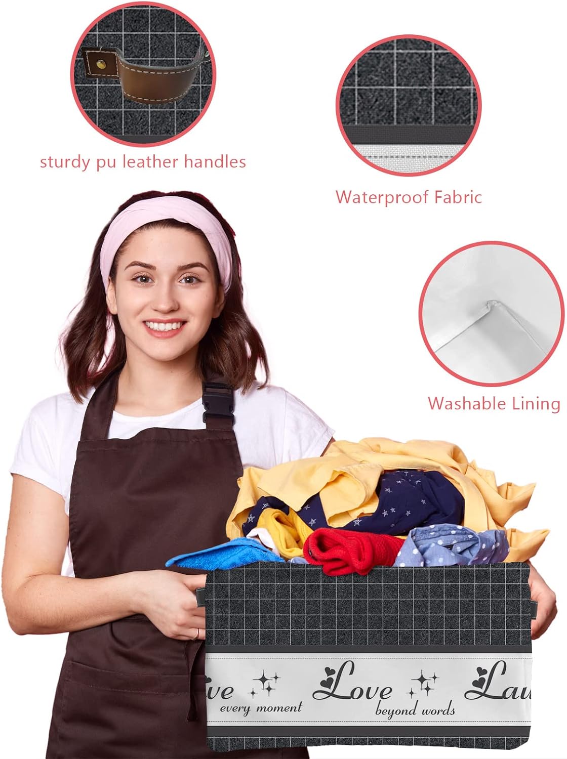 Live Love Laugh – Cesta de almacenamiento gris para organizar estantes, cajas de almacenamiento plegables con asa, arte de pared a cuadros grises