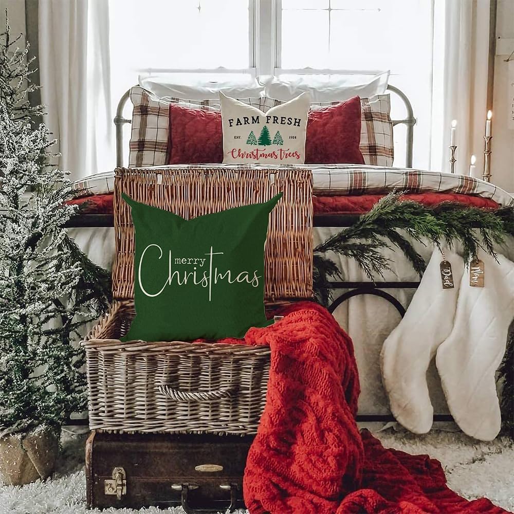 Fundas de almohada navideñas con texto en inglés Merry Christmas, decorativas, de tela de algodón, color verde, de lino, funda de almohada para