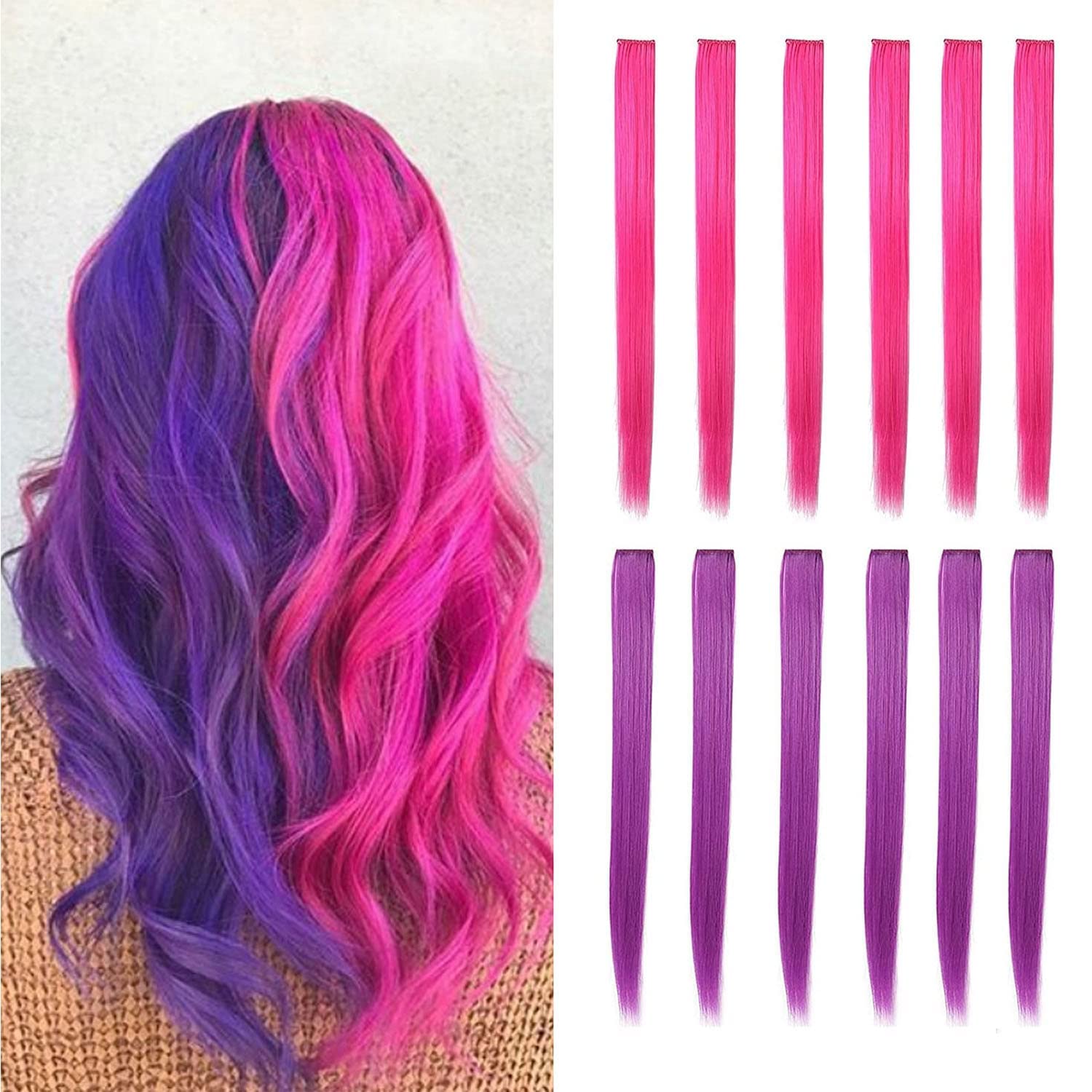 Snoblass Extensiones de cabello con clip de colores, extensiones de cabello liso colorido de 21 pulgadas con clip para mujer, fiesta, Navidad,