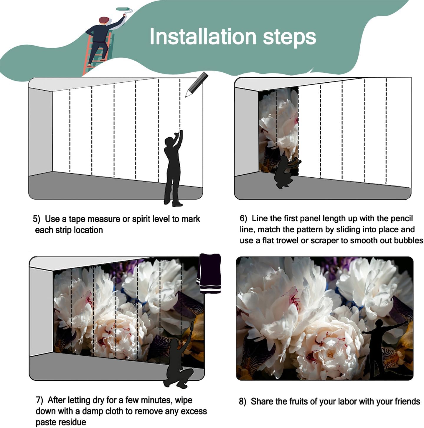 YQWDMX – Papel tapiz de flores de peonía blanca y fondo negro para decoración de pared de dormitorio (no se pega ni se pega)