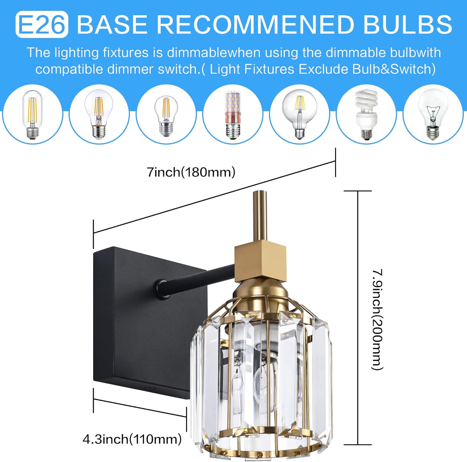 SOLFART 1 luces de cristal para baño, aplique de pared sobre espejo, lámpara de tocador de baño, luces de tocador de cristal para baño, accesorios