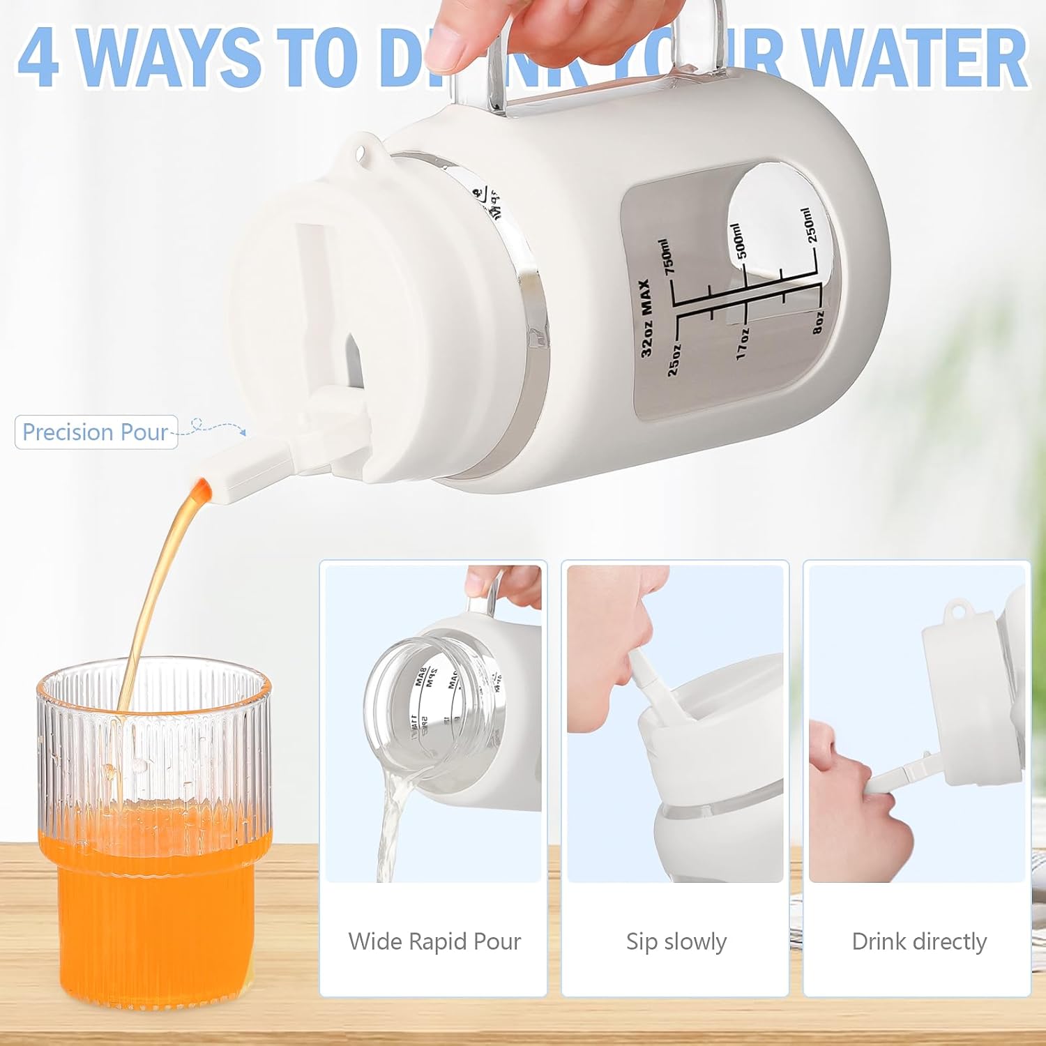 Botella de agua de vidrio de 32 onzas con asa, vaso de vidrio 100% a prueba de fugas con tapa de popote incorporada, reutilizable, vaso de agua de