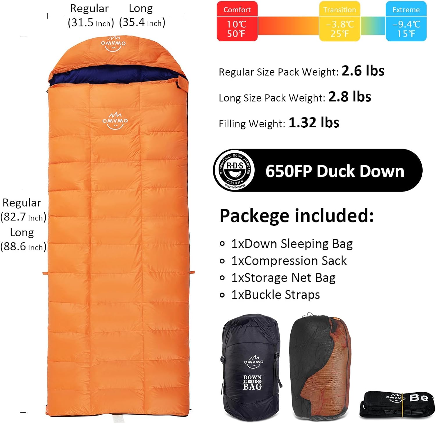 Saco de dormir de plumón de pato de 15F y 10F para adultos, potencia de relleno de 650, ultraligero para 4 estaciones, saco de dormir rectangular