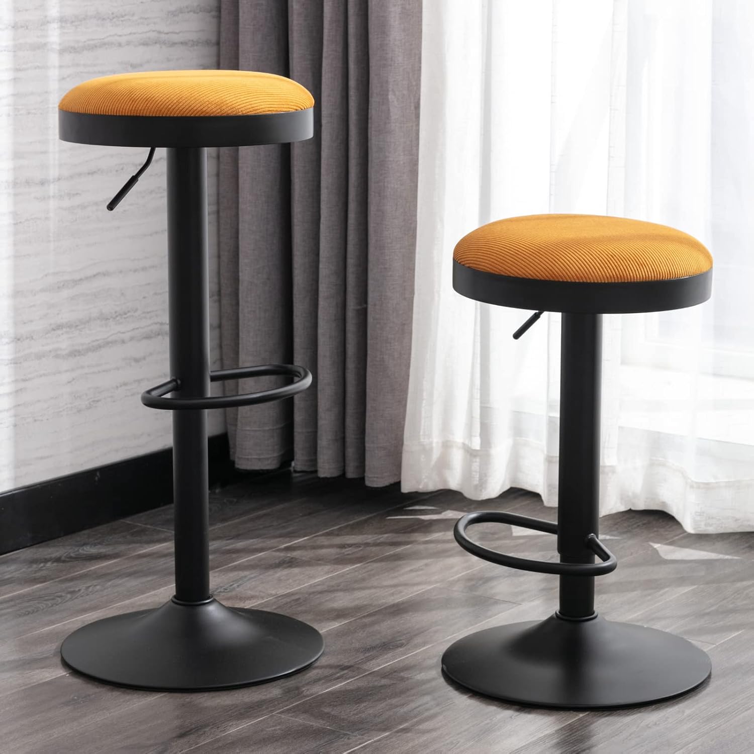 CIMOO Taburetes de bar sin espalda, juego de 2 taburetes de bar redondos ajustables para encimera de cocina, taburete giratorio de altura de barra,