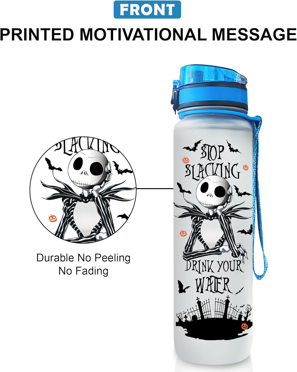 GEPOSTORE Jack Pumking King – Botella de agua deportiva motivacional de 32 onzas con marcador de tiempo, hora de beber, regalos para Halloween