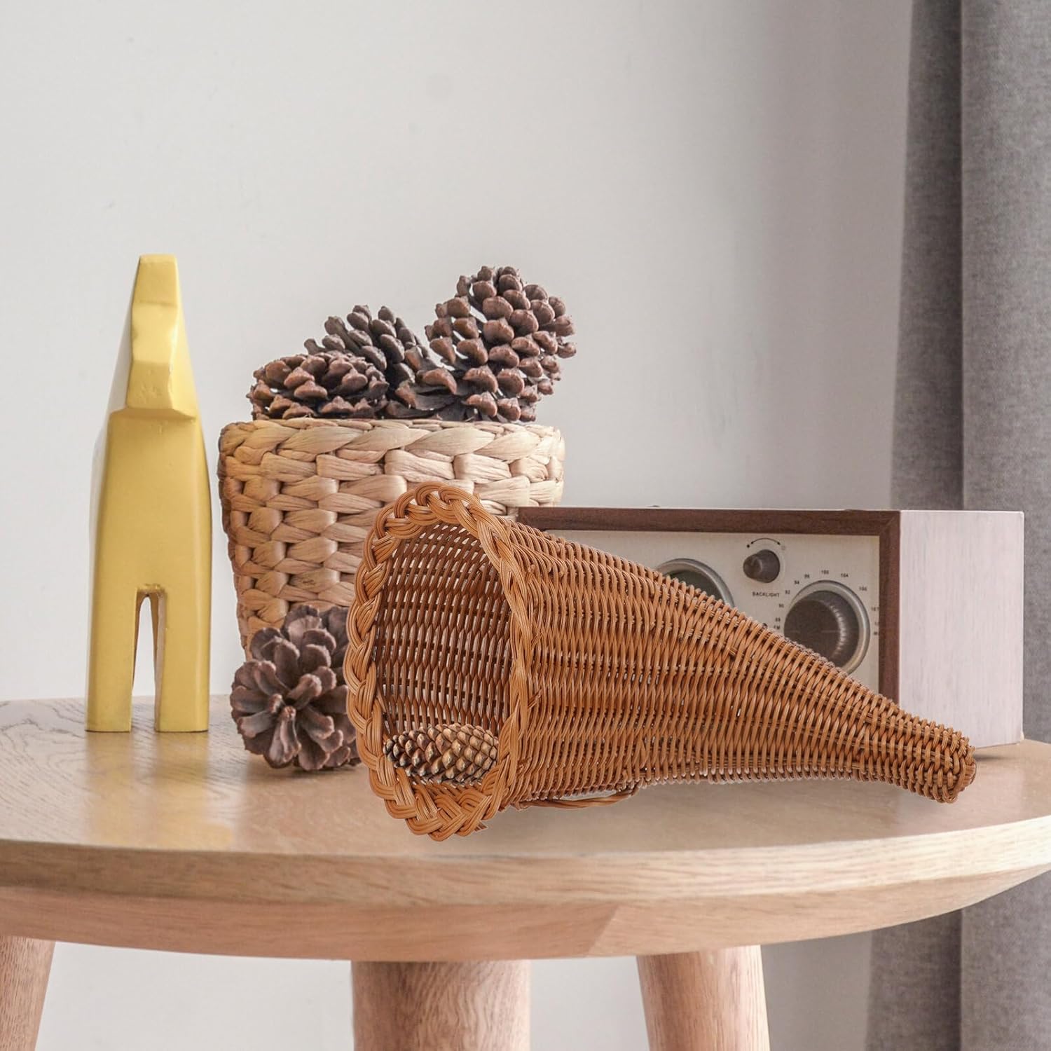 HOMSFOU Cornucopia – Canasta de mimbre con cuerno de vid, cesta de otoño, cesta de frutas de Acción de Gracias, cesta de comida para centro de mesa