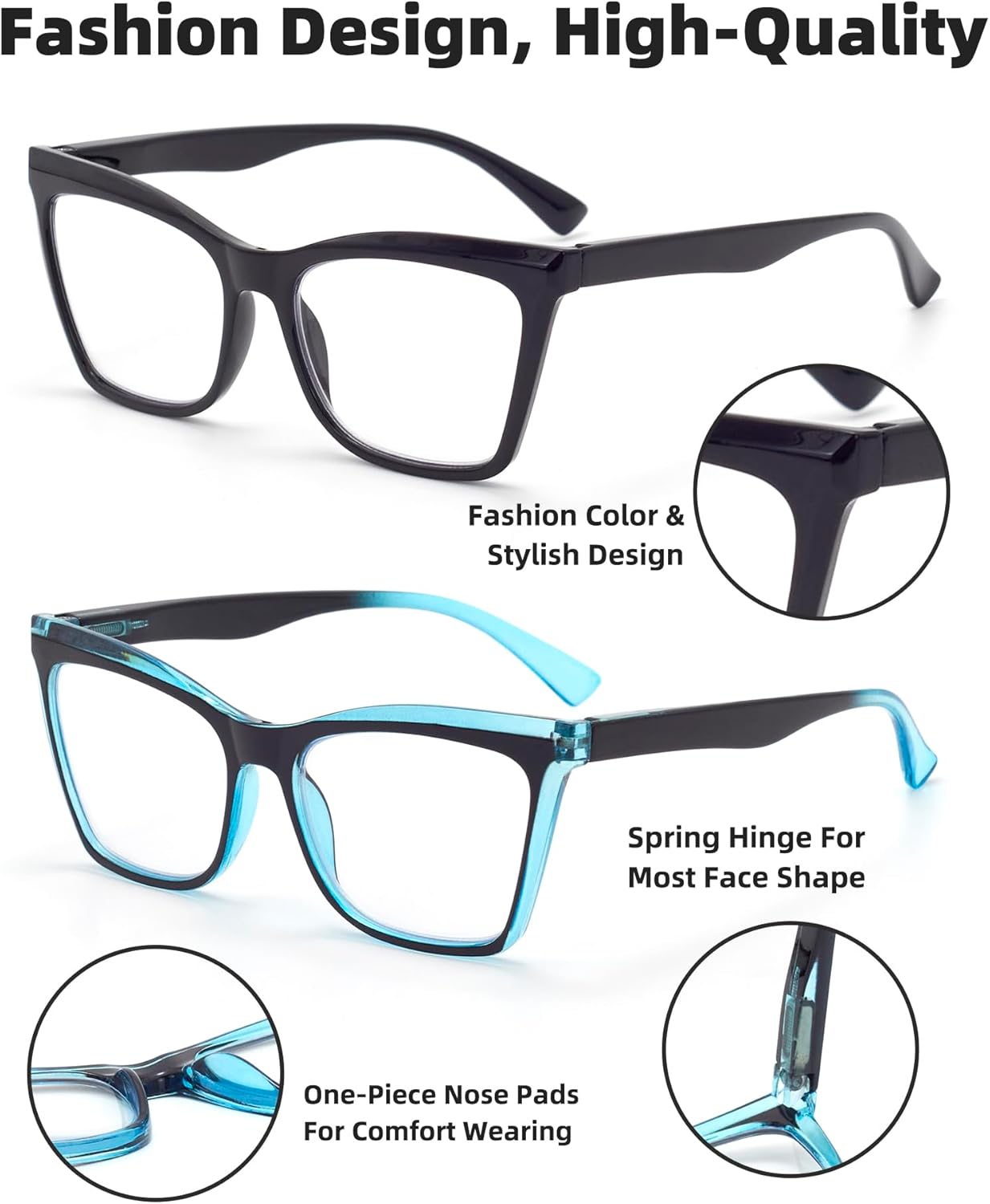 Paquete de 3 lentes de lectura con bloqueo de luz azul para mujer, estilo Oprah, lentes de lectura de bisagra de resorte de gran tamaño