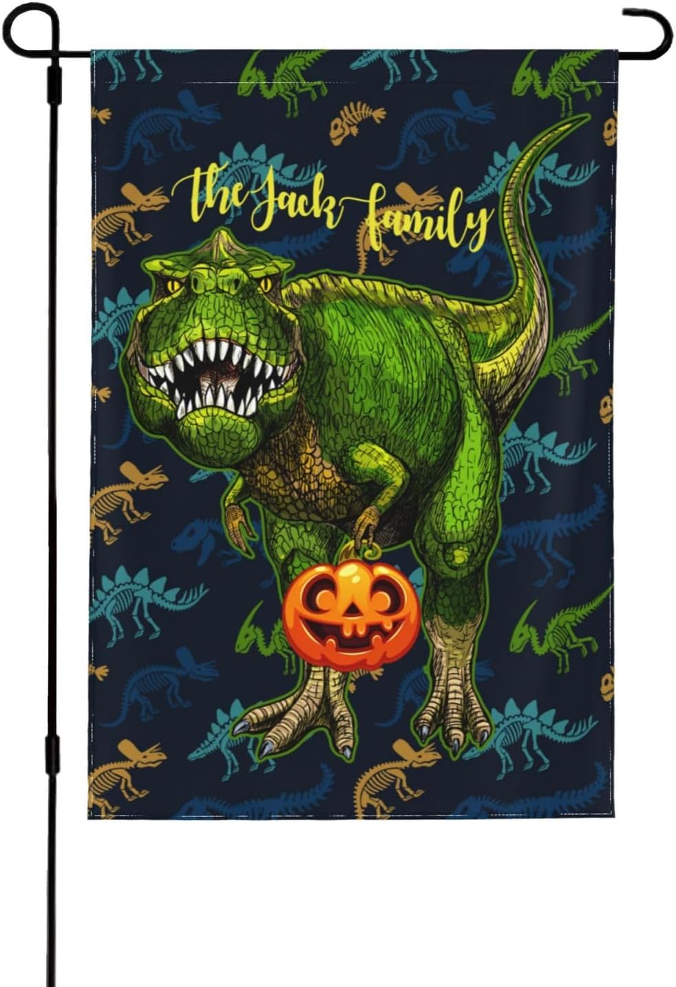Bandera de jardín de dinosaurio personalizada con calabaza, banderas con nombre personalizado para patio exterior, decoración del hogar, pancarta de