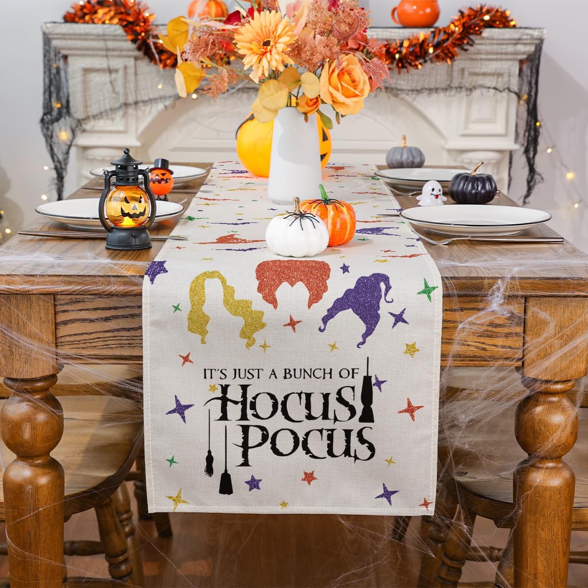 Camino de mesa de Halloween, decoración de Hocus Pocus, decoración de Halloween para el hogar, bruja, corredor de Halloween, decoración del hogar