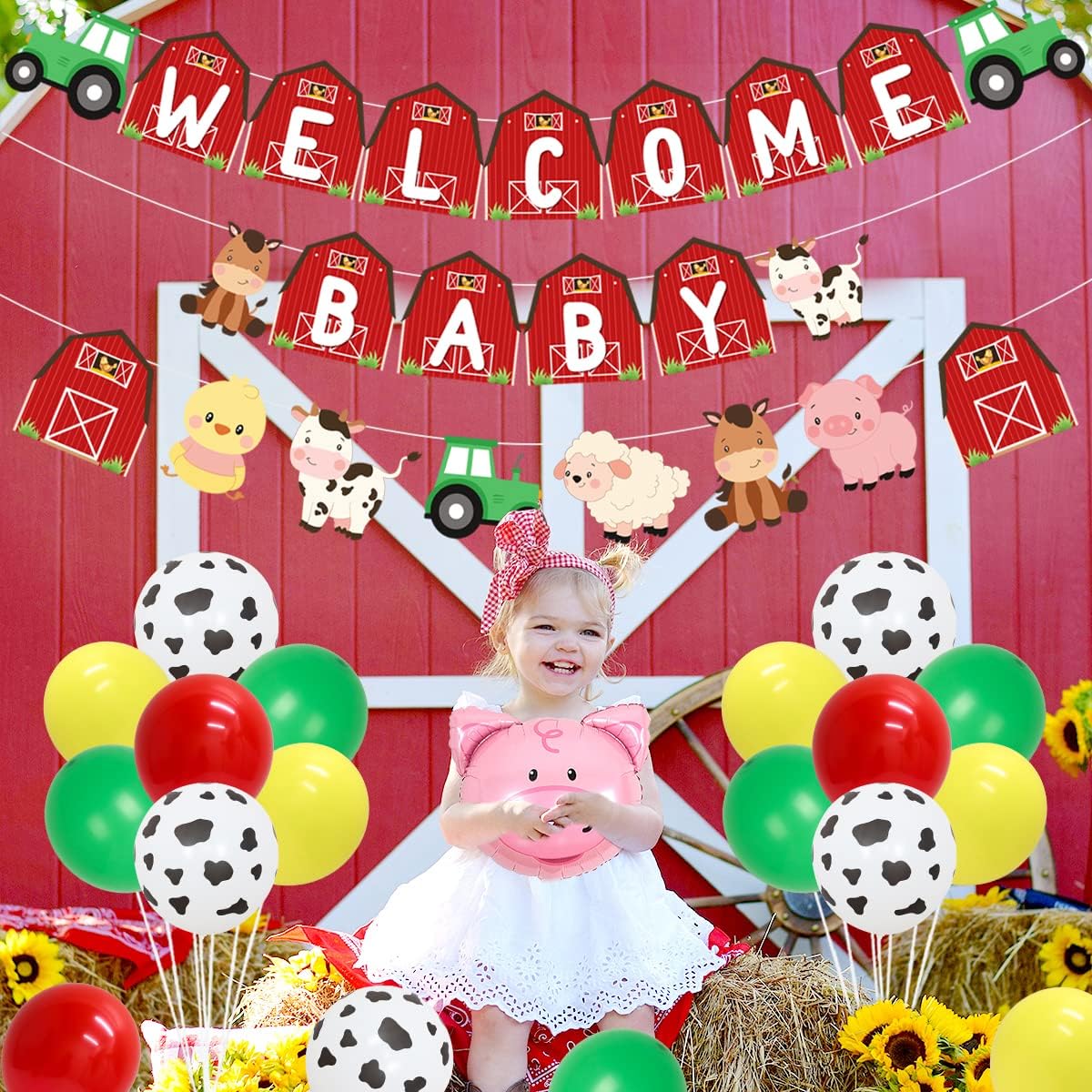 Decoraciones de baby shower de animales de granja para niños y niñas, guirnalda de globos rojos y amarillos, decoración de temática de granja,