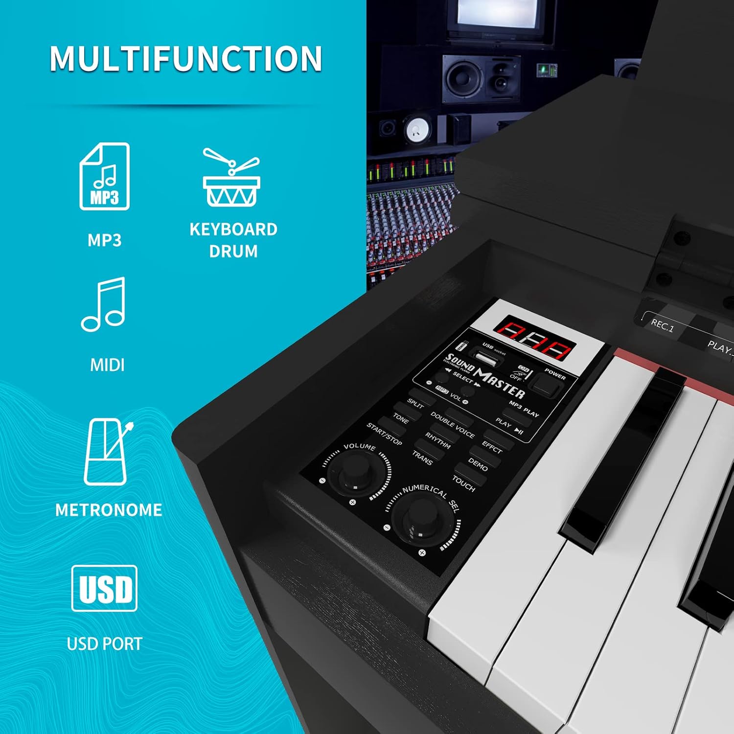 Pipleo Piano digital de 88 teclas con peso de teclado, acción de martillo con piano eléctrico de tamaño completo, teclas ponderadas con Midi, USB,
