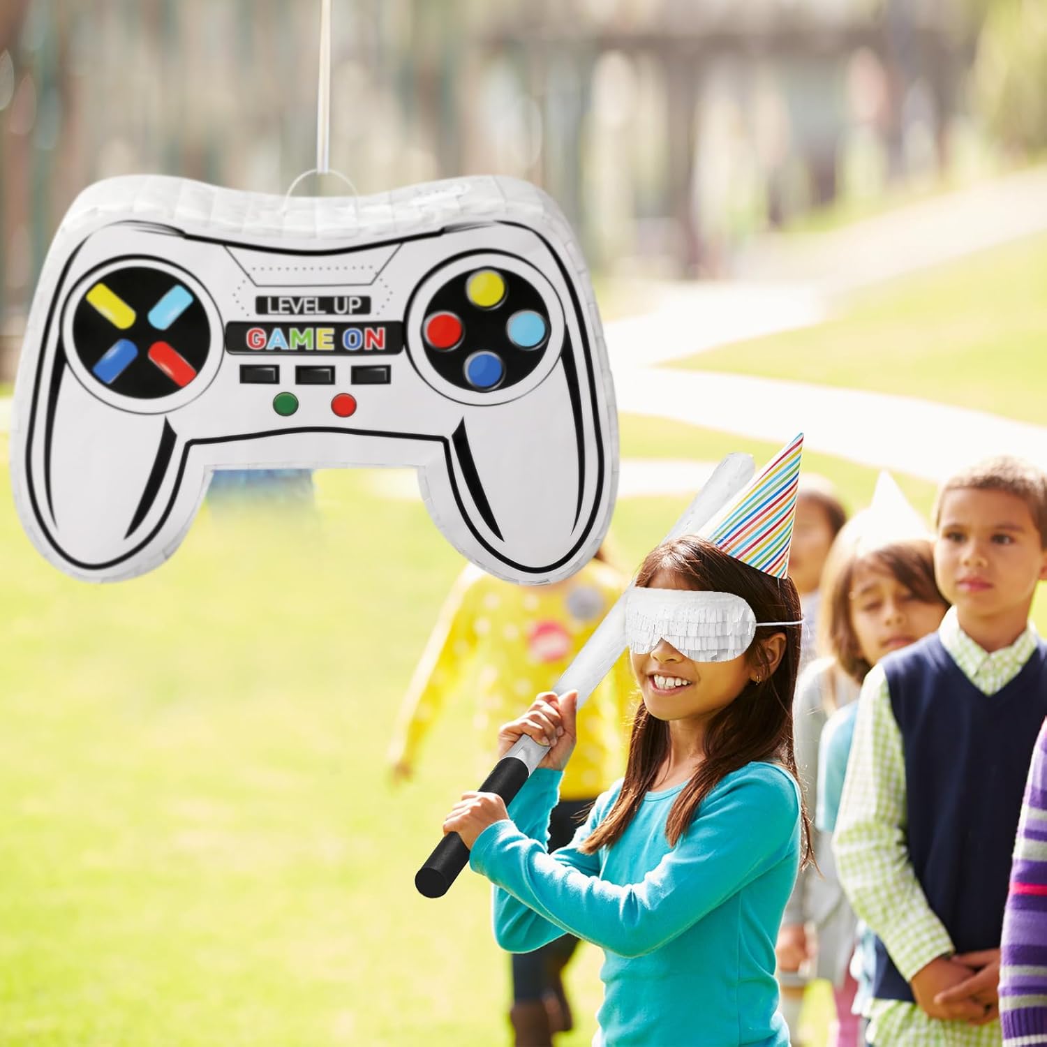 Paquete de piñata de controlador de videojuegos, juego de piñata con venda y murciélago para niños, suministros de fiesta de cumpleaños para niños,