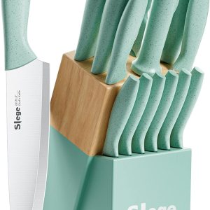 Slege Juego de cuchillos de cocina de 15 piezas con bloque, afilador y tijera, cuchillos de acero inoxidable con mango de paja extremadamente ligero Slege Juego de cuchillos de cocina de 15 piezas con bloque, afilador y tijera, cuchillos de acero inoxidable con mango de paja extremadamente ligero