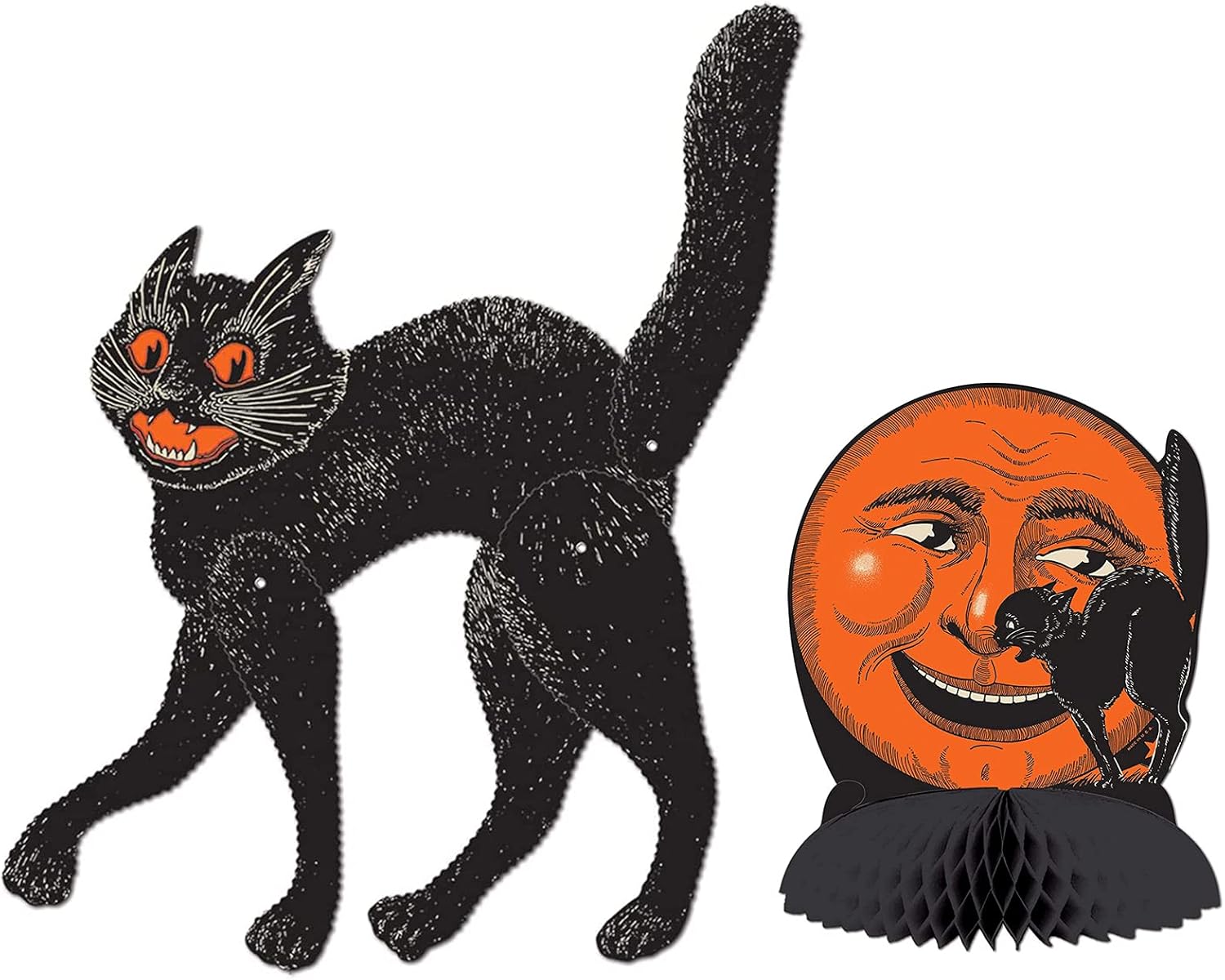 ILUVUMOREI Decoraciones de Halloween Juego de centro de mesa de gato articulado de 20.5 pulgadas y luna de 9.75 pulgadas