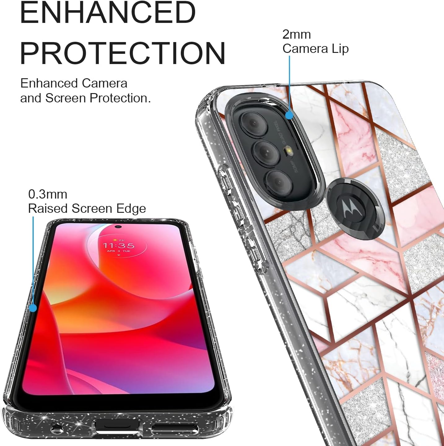 Rosebono Funda híbrida para Moto G Play 2023G Power 2022G Pure Case Hybrid Bling Glitter Sparkle Laser Pink Polígono Geométrico Mármol Funda para