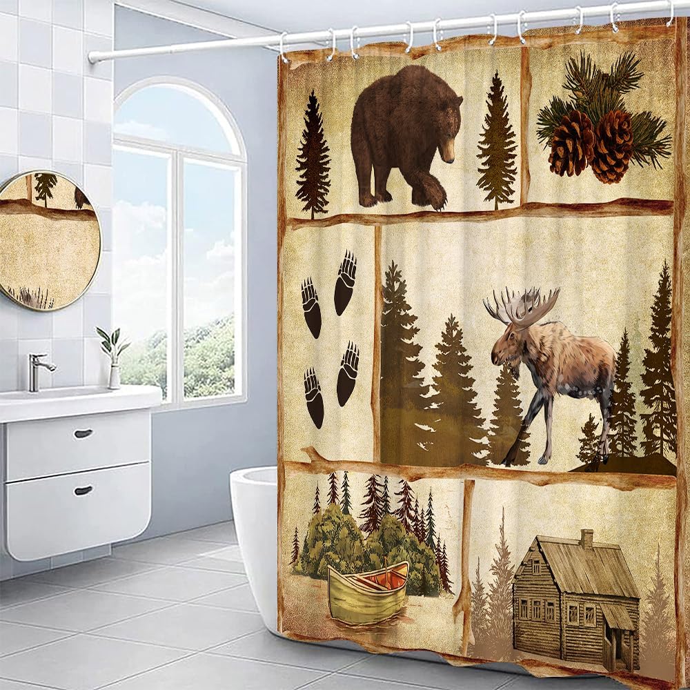 PZMPZM Cortina de ducha de cabaña rústica, retro, para cabaña, oso, alce, ciervo, alce, bosque, granja, caza, campamento, estilo hogar, baño,