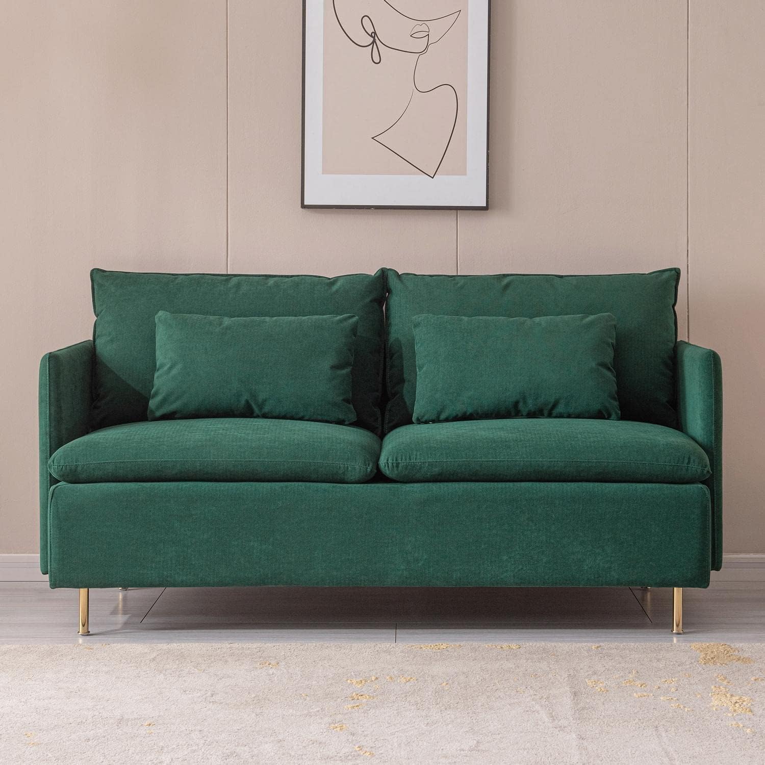 Seegool Mid-Century – Sofá biplaza de 2 asientos, muebles de tela de lino de algodón y patas de metal dorado, sofá pequeño para sala de estar,