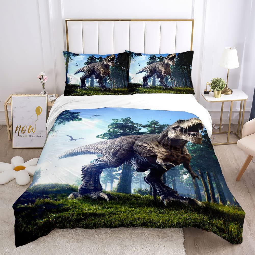 Juego de funda de edredón para hombre, tamaño Queen, King, juego de ropa de cama de dinosaurio, funda de edredón suave de dibujos animados 3D con