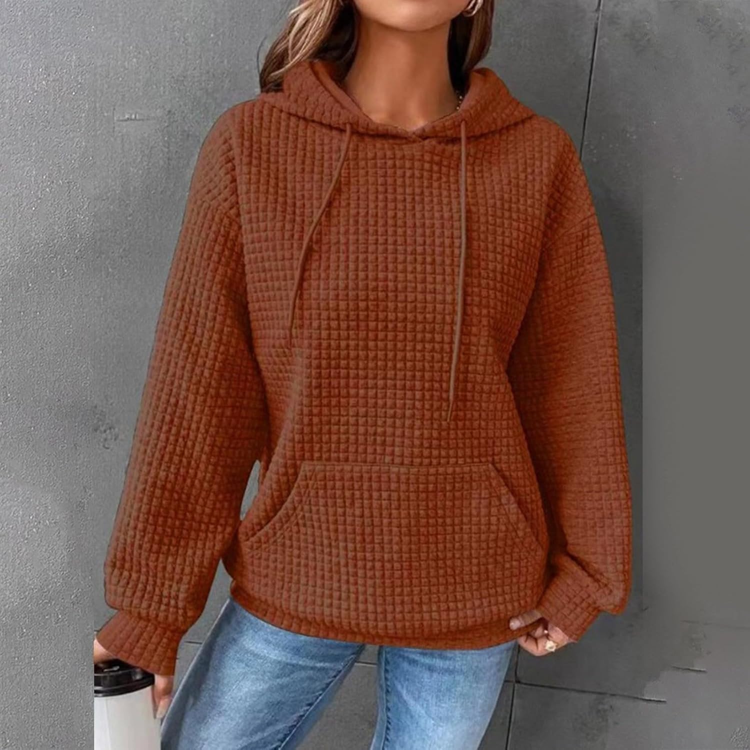 Sudaderas de otoño para mujer, sudaderas clásicas de punto con cordón de ajuste, a la moda, sin botones, de manga larga, con bolsillos, tops de gran