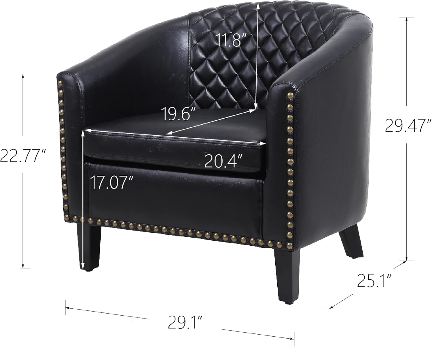 Silla de barril de cuero PU negro para sala de estar Sillón de ocio con cabezas de clavos y patas de madera maciza, talla única
