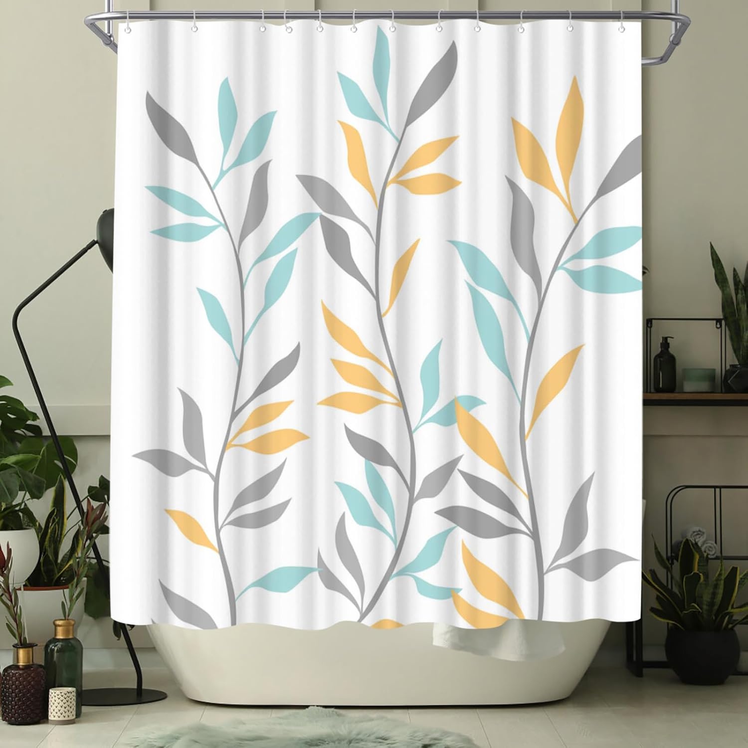 Welmeco Cortina de ducha amarilla con hojas botánicas, cortina de ducha amarilla para decoración de baño, tela de poliéster, 72 x 72 pulgadas
