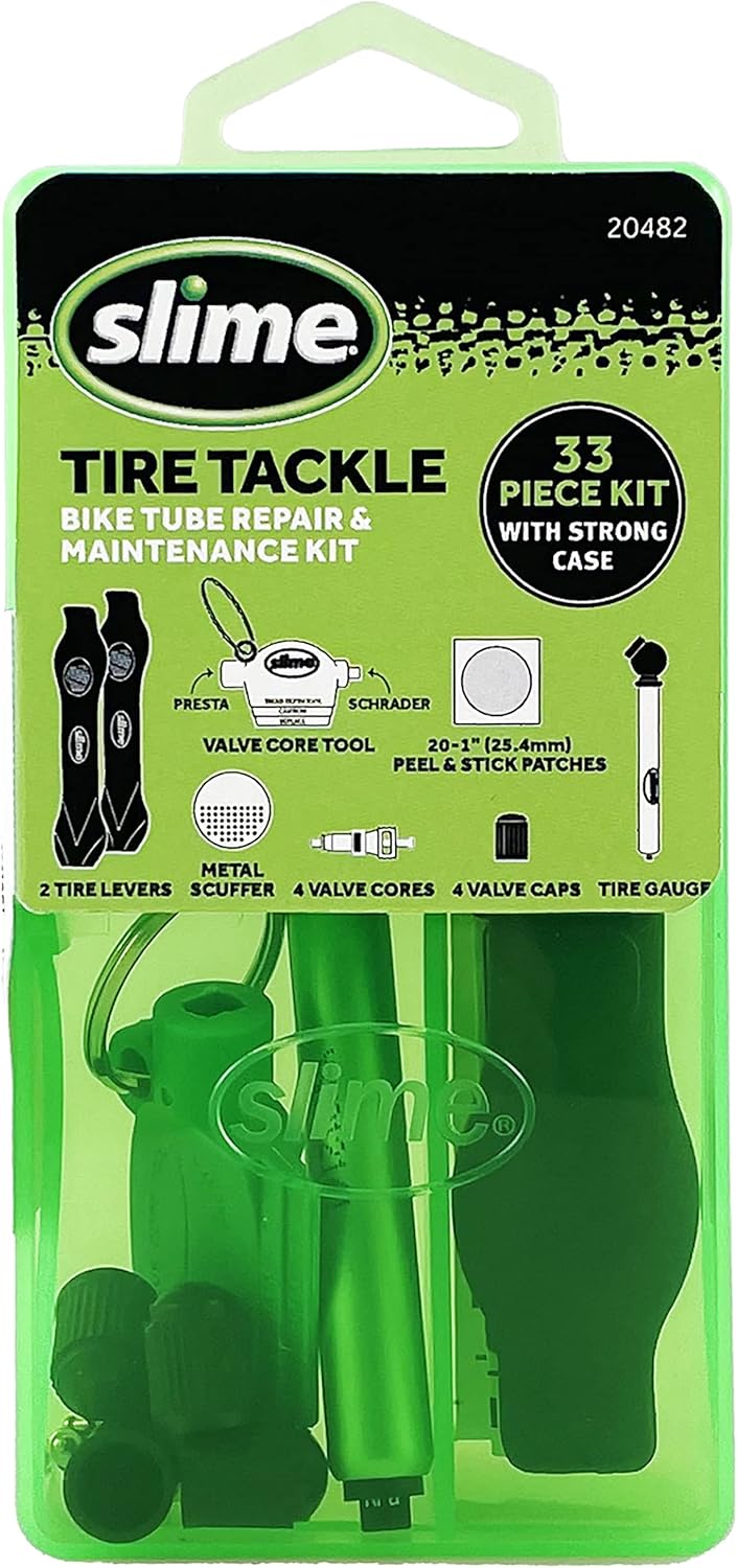 Slime 20482 Tackle de neumático Kit de reparación y mantenimiento de tubos de bicicleta, 33 piezas