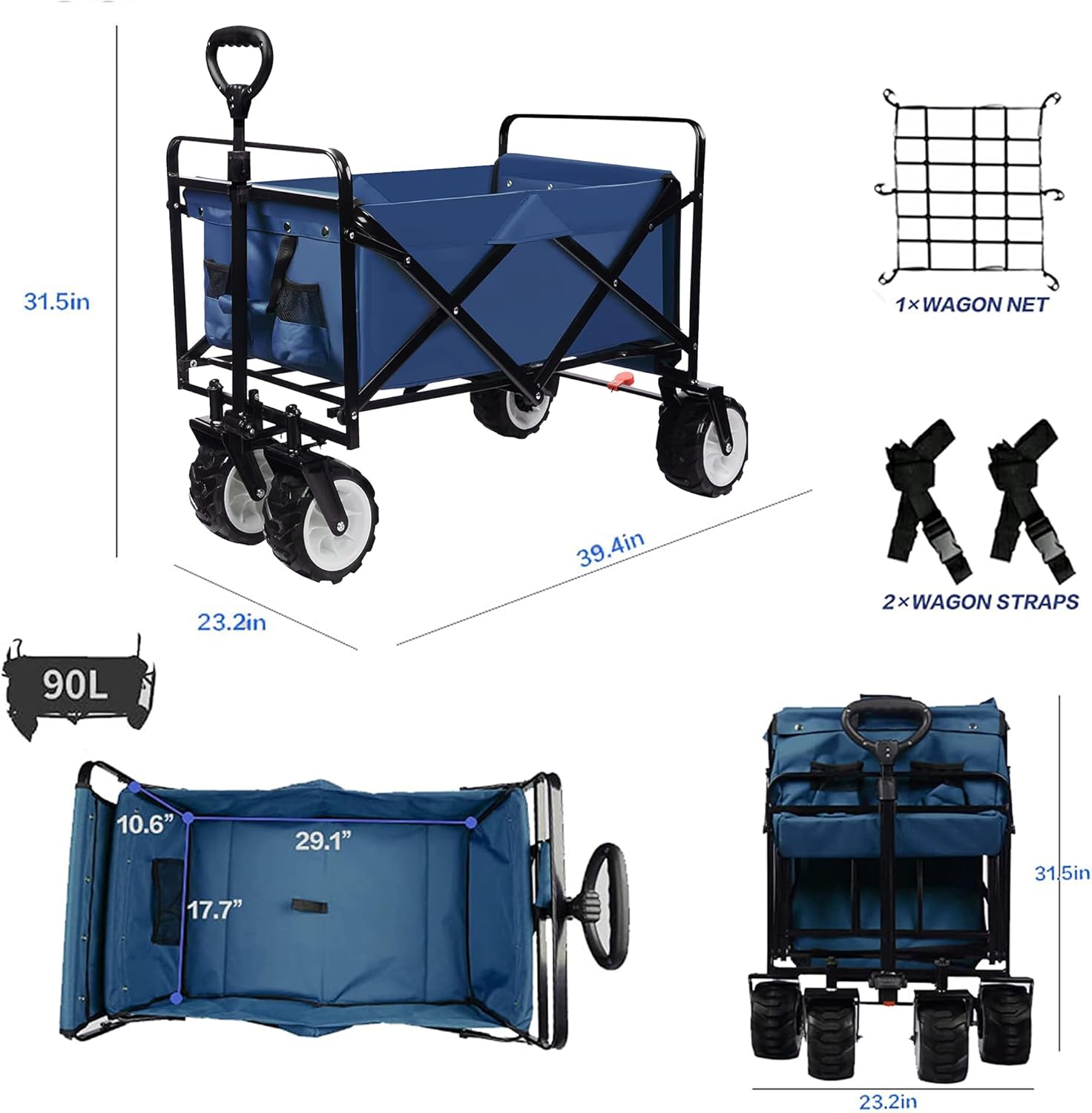 Carrito plegable todo terreno con ruedas grandes, capacidad de 350 libras, resistente, ampliado, plegable, para playa, jardín, con freno y mango