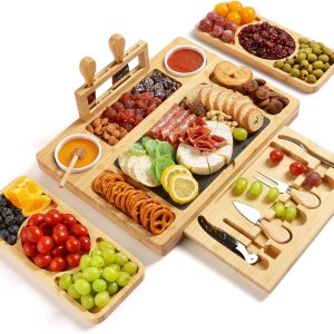 ROCIRLAB Tablas grandes para embutidos (25 x 12 x 1.7 pulgadas) con 2 bandejas, tabla grande para quesos con pizarra natural, idea para regalos de ROCIRLAB Tablas grandes para embutidos (25 x 12 x 1.7 pulgadas) con 2 bandejas, tabla grande para quesos con pizarra natural, idea para regalos de