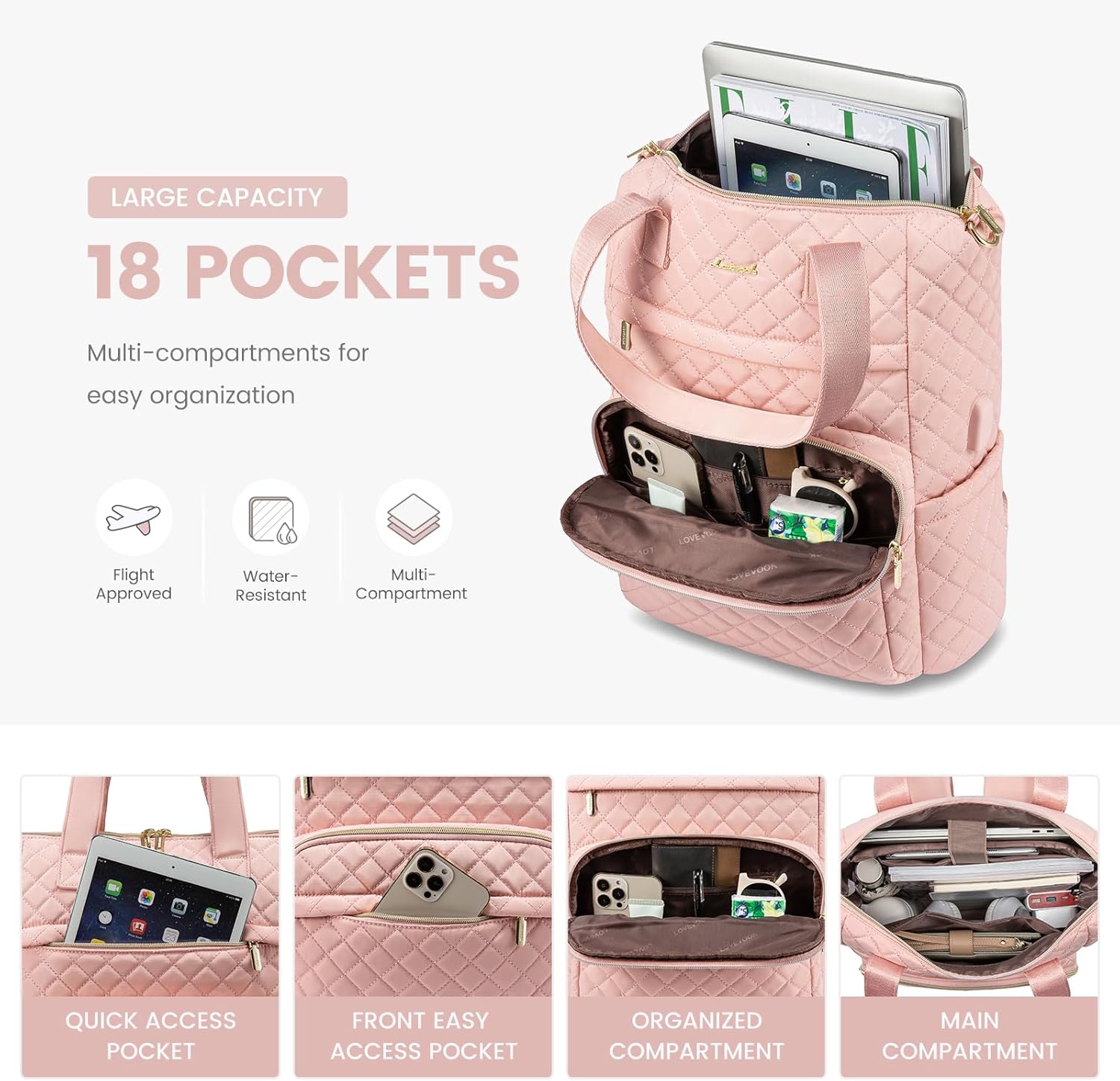 LOVEVOOK Mochila para laptop para mujer, Rosado, Mochila de viaje para computadora portátil y profesor universitario