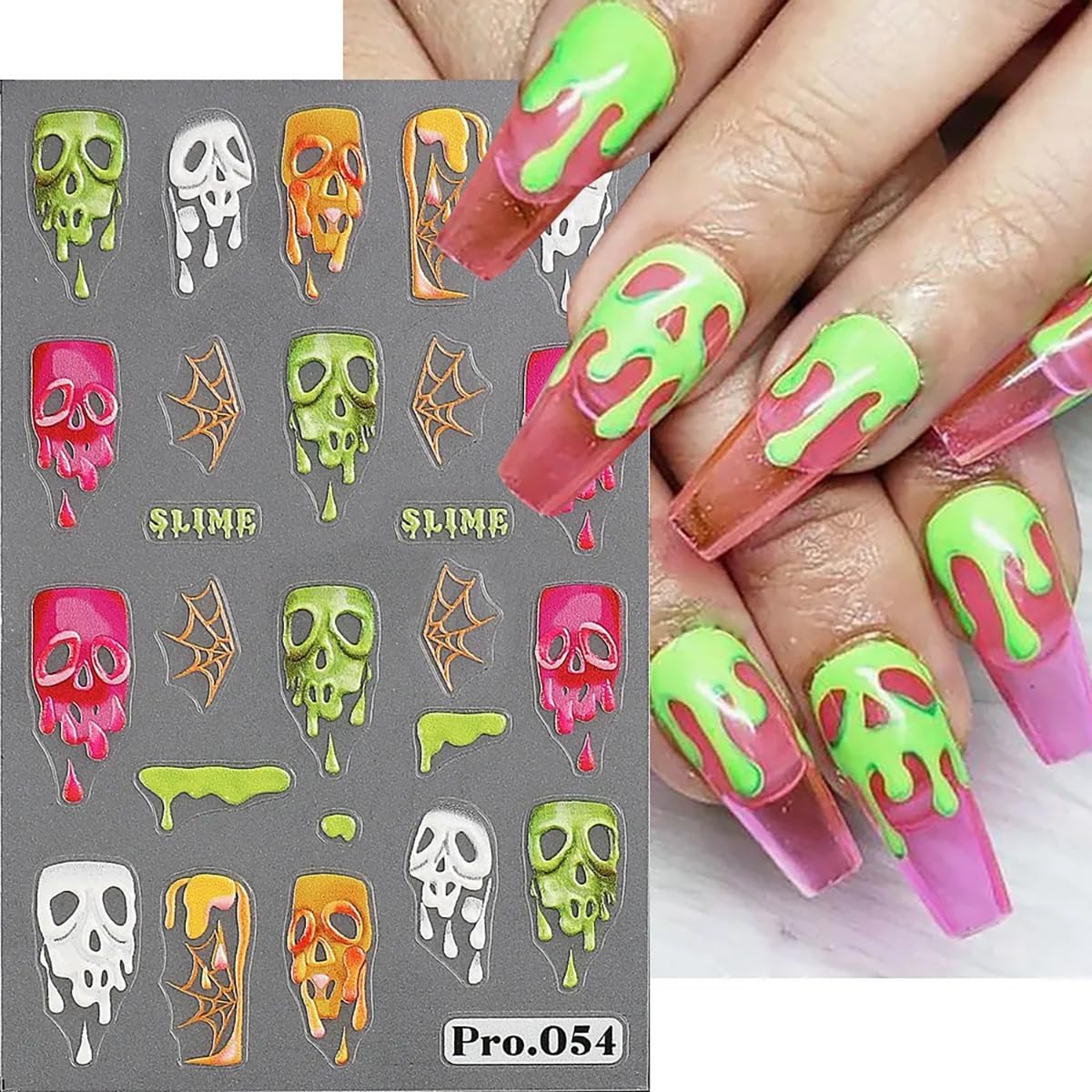 8 hojas de calcomanías de arte de uñas de Halloween, lindas calcomanías de fantasma, calabaza, calavera, gato, espeluznante, diseño de calavera