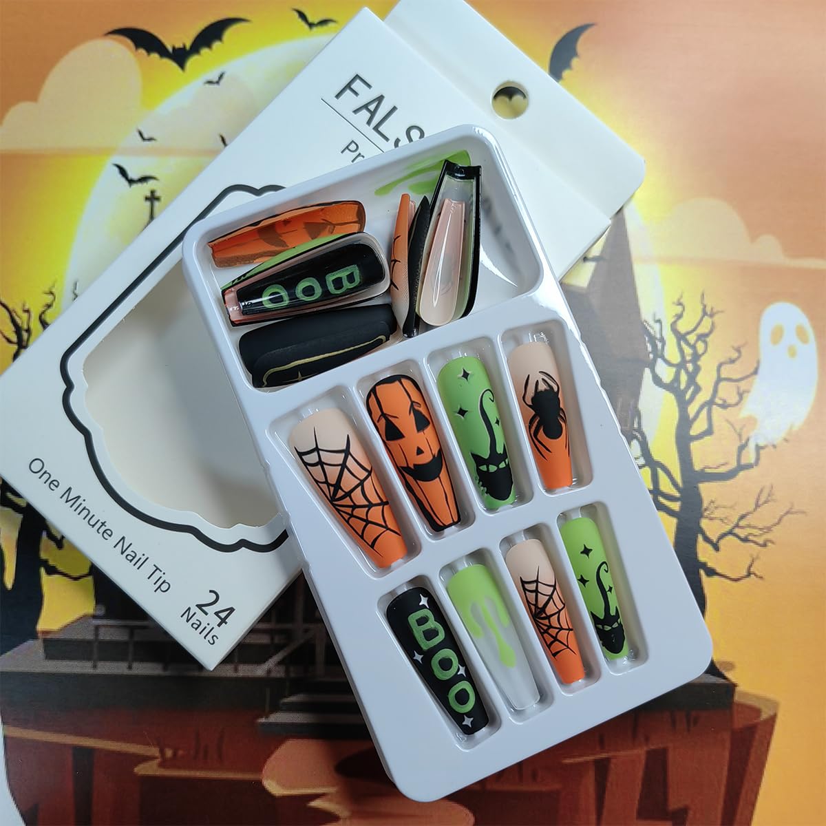 Uñas postizas largas cuadradas para Halloween, con pegamento, diseño de telaraña, lápida de gato, diseño de telaraña, uñas acrílicas, fantasma, arte