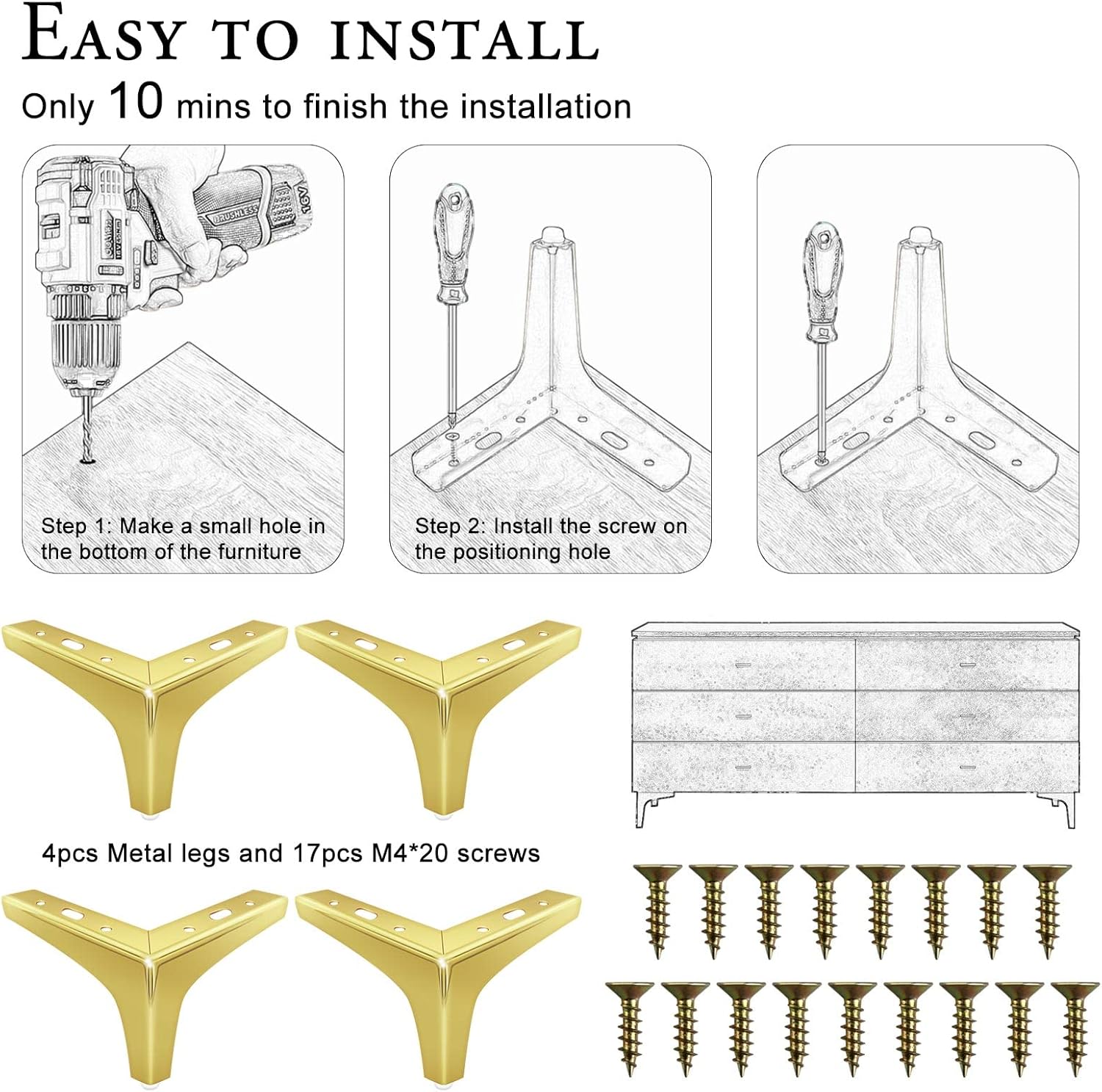 Juego de 4 patas de repuesto de metal dorado para muebles, juego de 4 patas de tocador doradas de lujo para sofá, cama, armario otomano