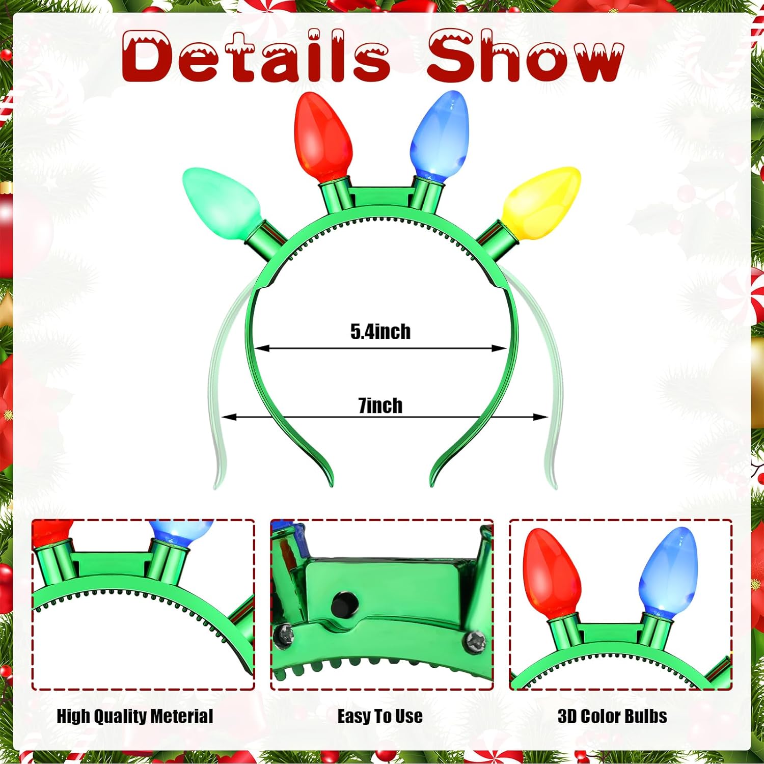 Equsion 16 piezas de collar de luz de Navidad y diadema iluminados, mini bombillas LED, bombilla brillante, diadema de Navidad, collar intermitente,