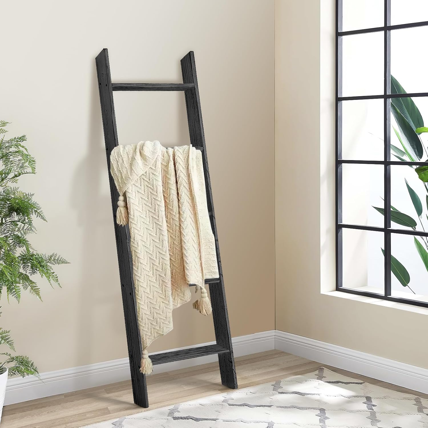 TEAKMAMA Escalera para mantas de 4.5 pies, soporte decorativo para mantas de granja, escaleras de manta de pared para sala de estar, fácil de