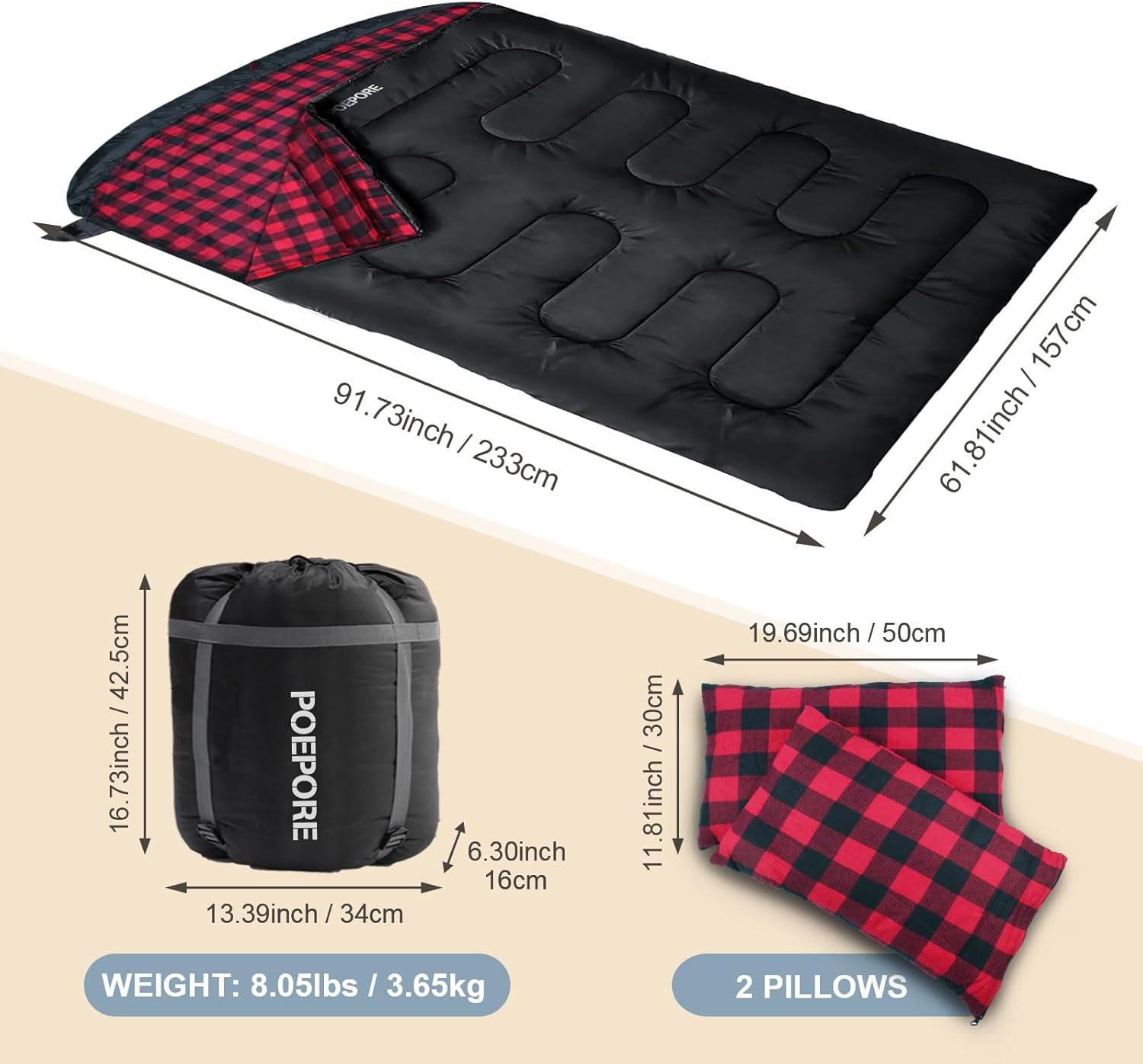 Saco de dormir doble de franela para adultos con 2 almohadas, sacos de dormir para 2 personas, camping, XXL, tamaño Queen, saco de dormir para dos