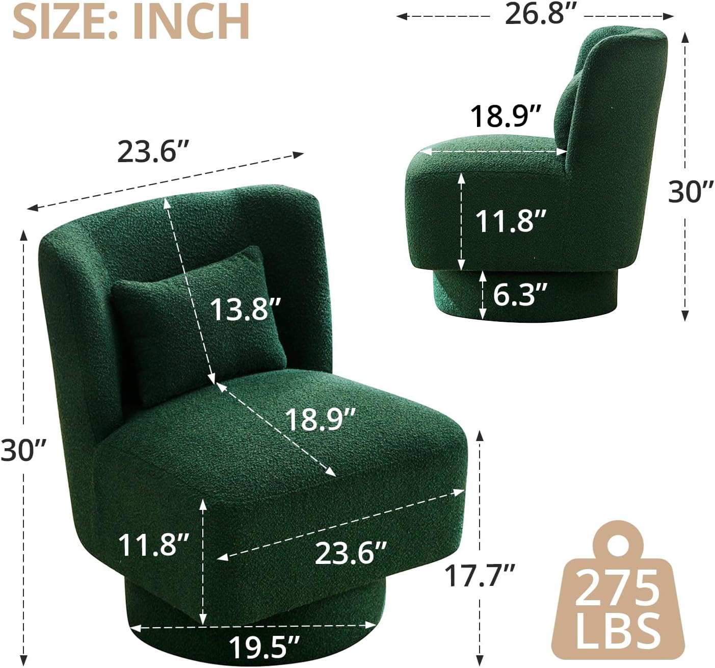 LLS Sofá giratorio con almohada lumbar, base de metal de 360, tapizado moderno, barril, sherpa, sofá individual cómodo sin brazos para sala de