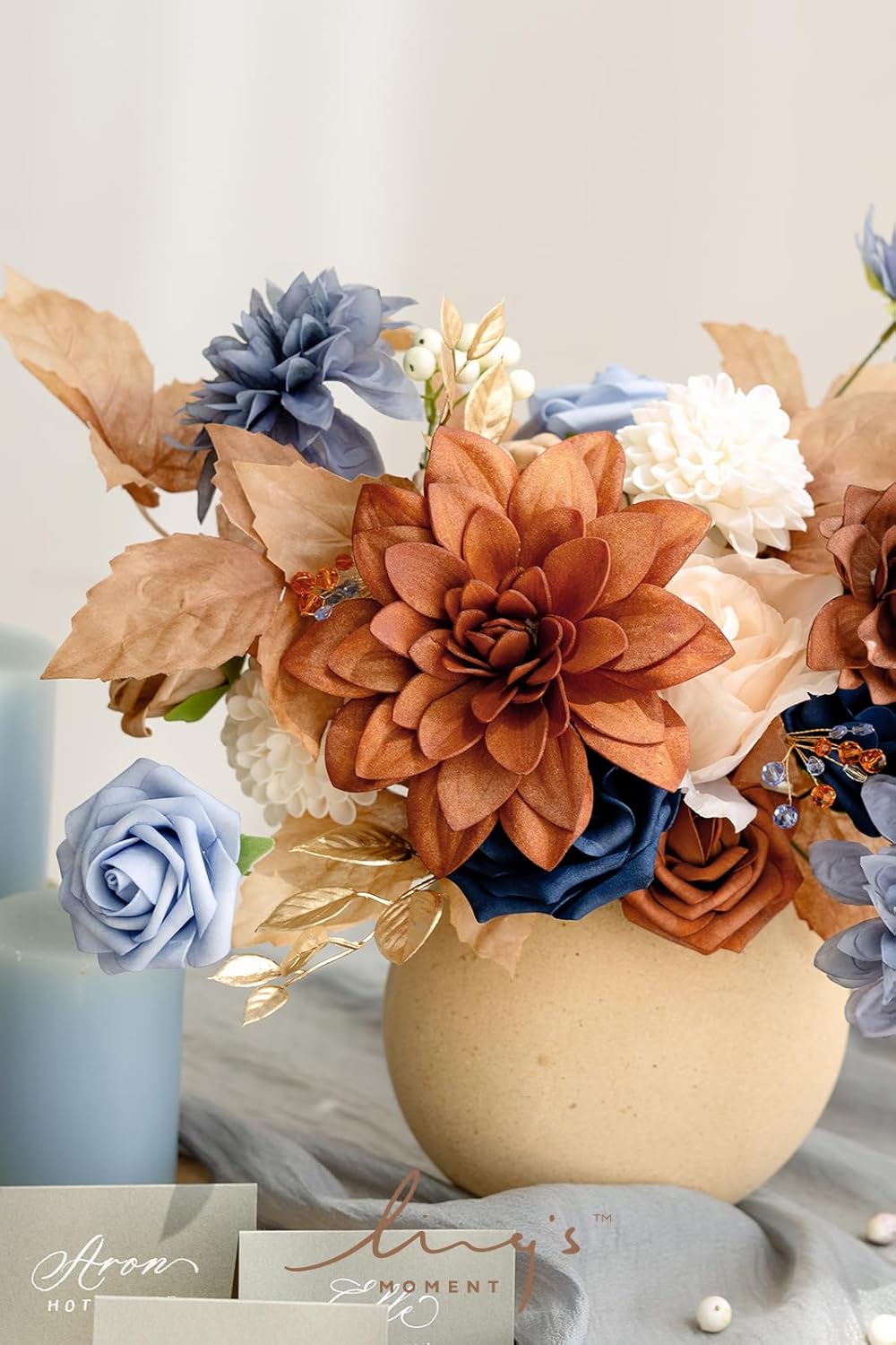 Ling’s Moment Juego de cajas combinadas de flores artificiales de color naranja quemado y azul marino, flores falsas de terracota para ramo de novia