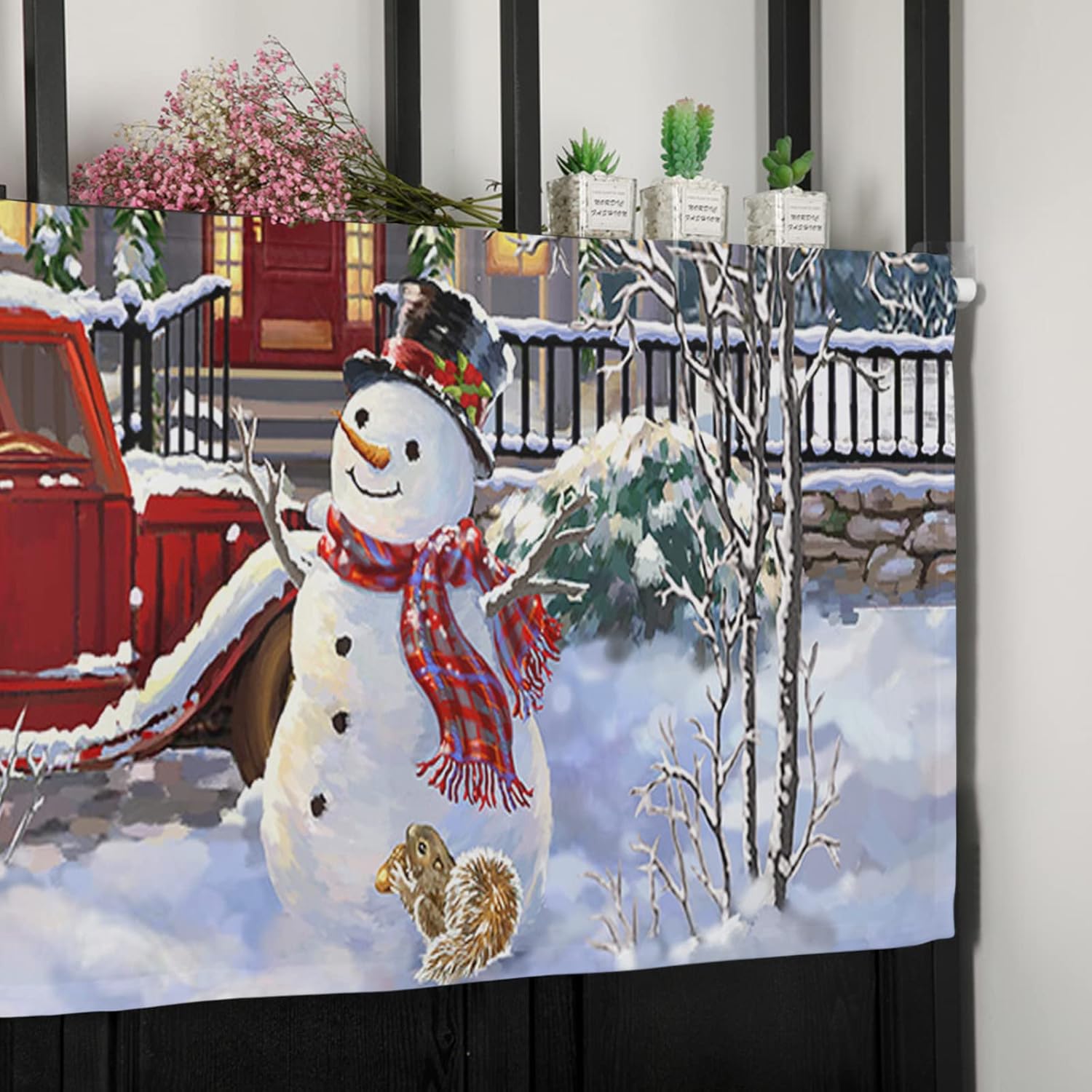 Cenefas de muñeco de nieve para ventana de cocina, camión rojo rojo con árbol de Navidad, cortinas cortas para decoración de invierno, vacaciones,