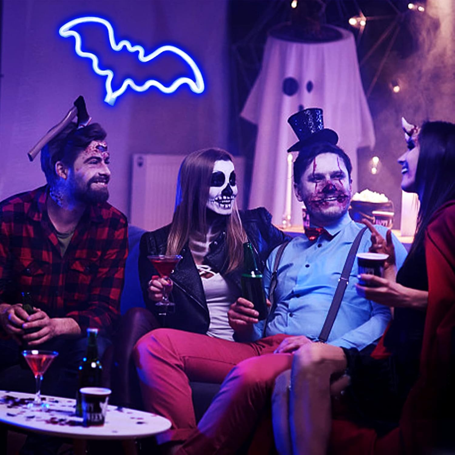 UrsaMajor Letreros de neón de murciélago para Halloween, luces decorativas de neón azules, luces LED de neón para pared, funciona con bateríasUSB,