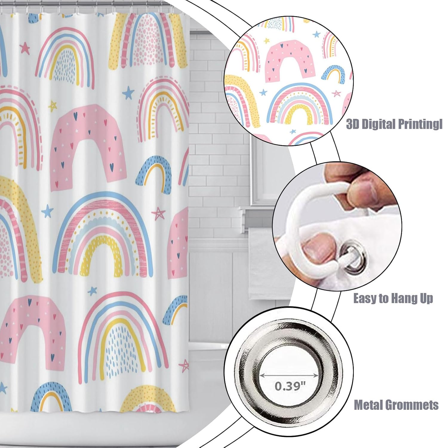 Cortina de ducha de arco iris, lavable para niños, bonita cortina de ducha impermeable de tela de poliéster con 12 ganchos, decoración de baño, 72 x