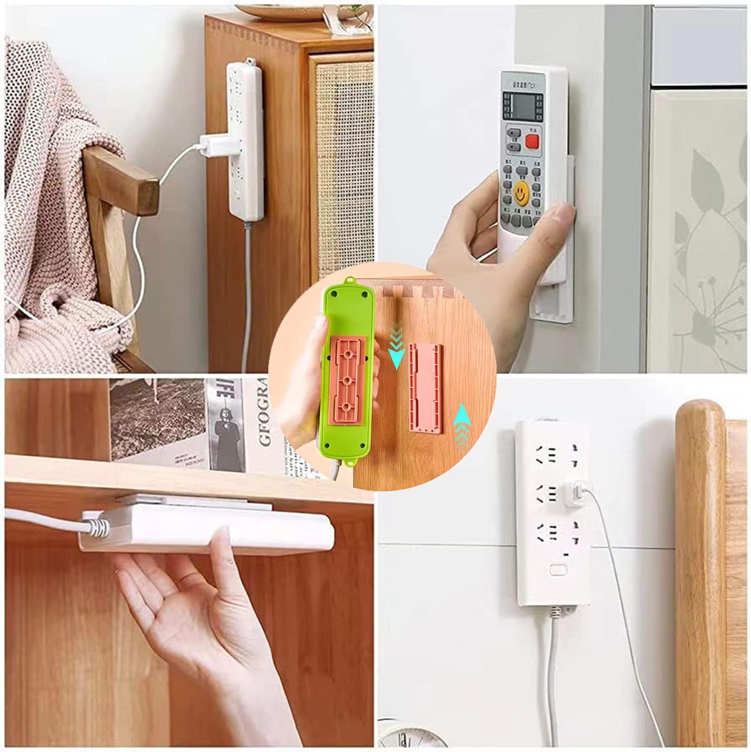 Soporte de regleta de alimentación de 12 piezas, soporte adhesivo sin perforaciones, fijador de escritorio autoadhesivo, protector de sobretensiones