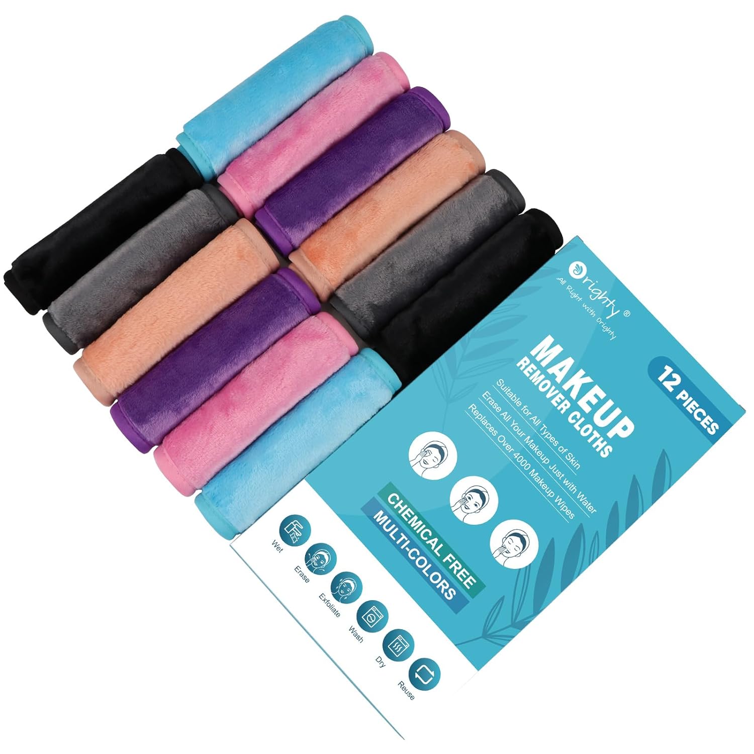 Orighty Paquete de 12 paños removedores de maquillaje, paños de limpieza facial de microfibra reutilizables, elimina al instante la suciedad con