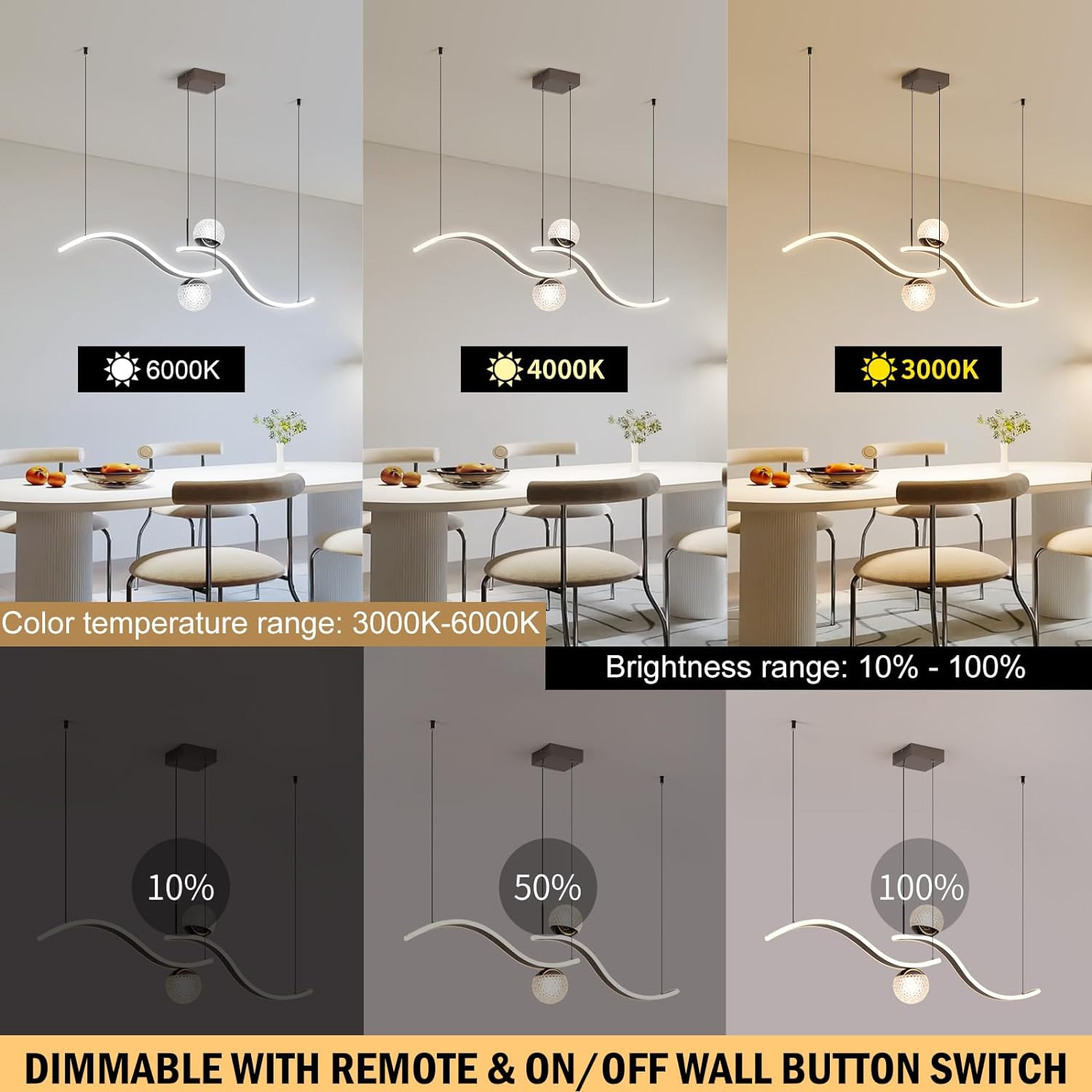 Lámpara colgante moderna con forma de globo, lámpara colgante LED negra regulable, lámpara colgante de isla de cocina ondulada, luces colgantes para