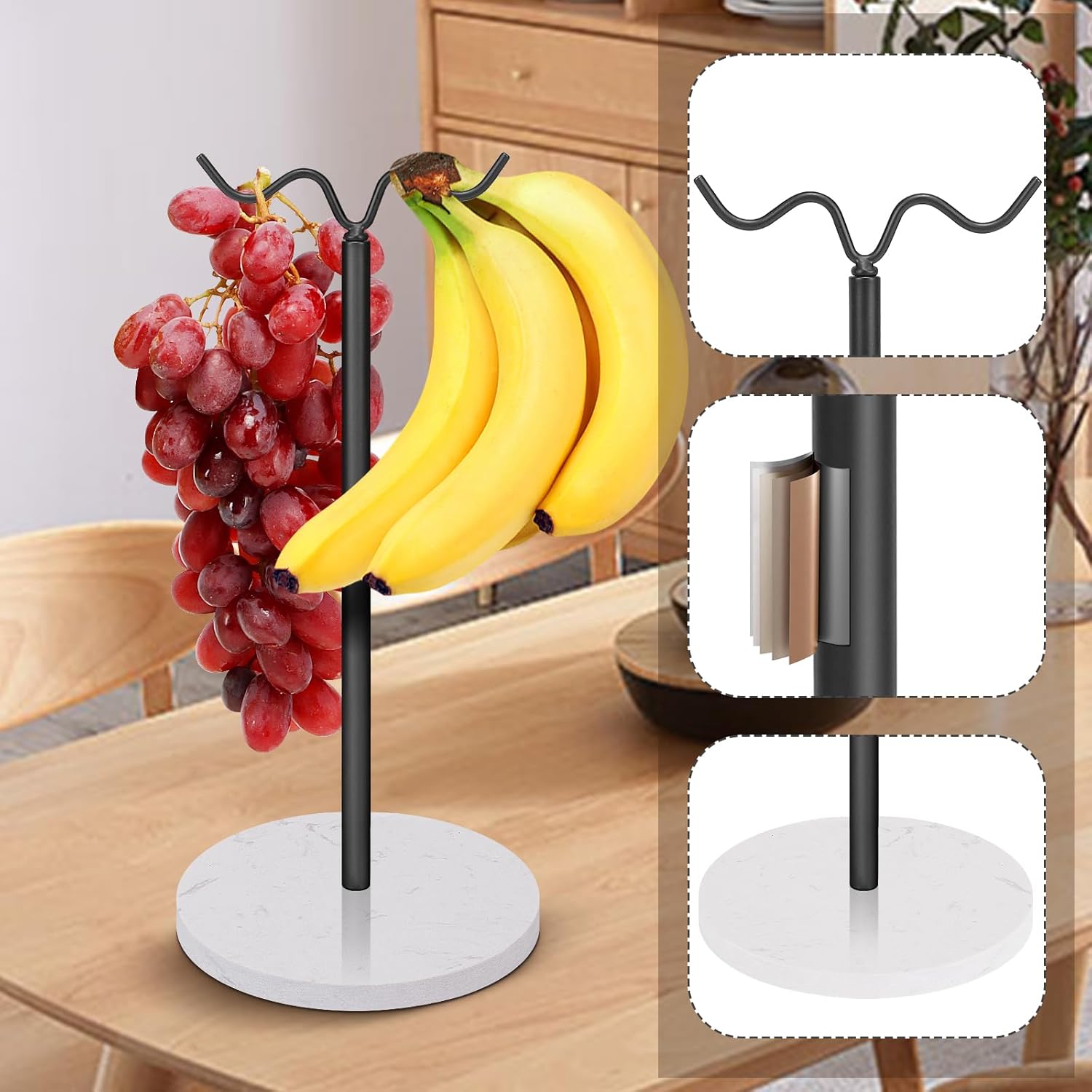 Soporte de plátano de pie con base de mármol, gancho de plátano para encimera de cocina, estantes de frutas resistentes y equilibrados con