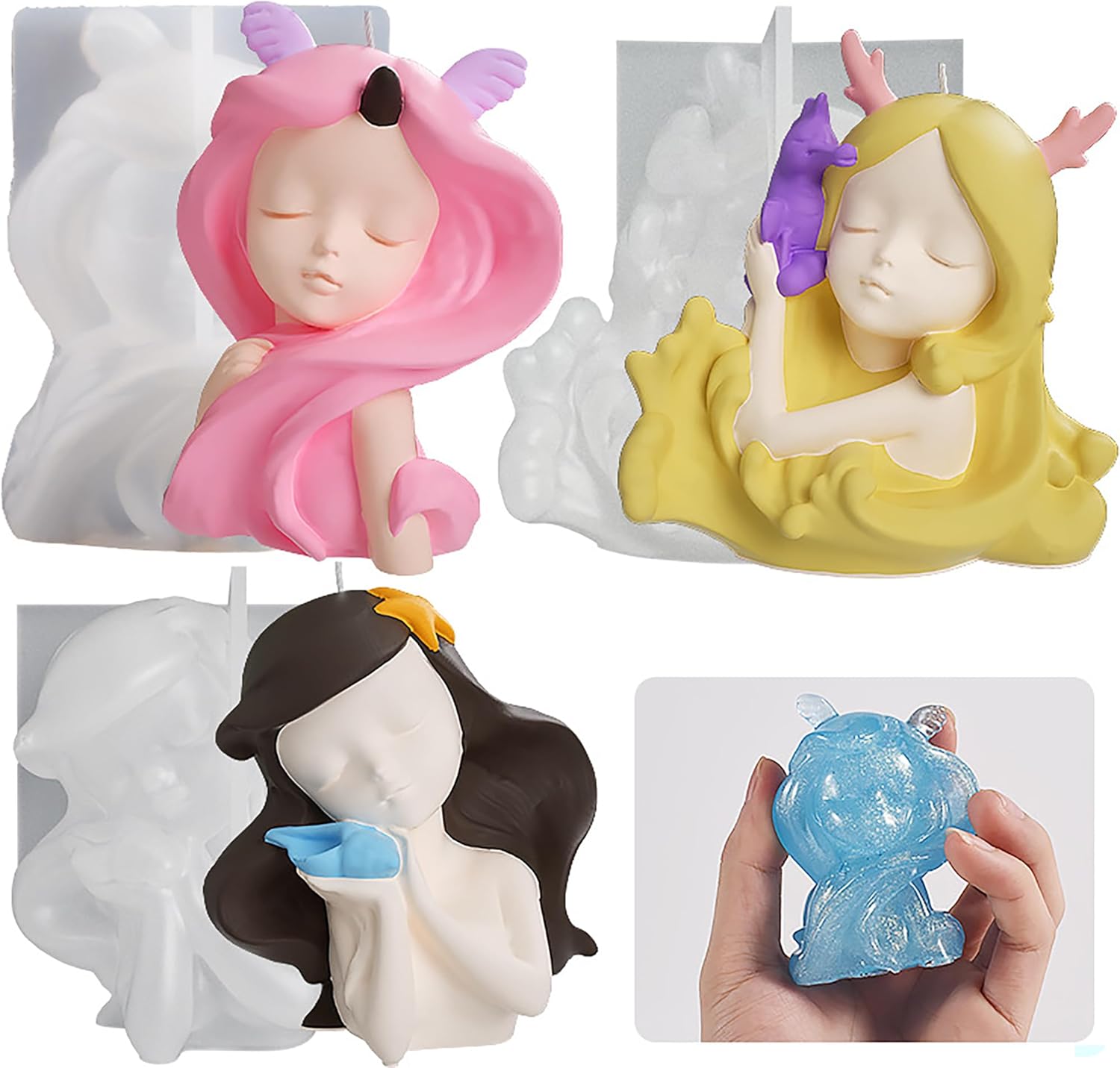 Molde de sirena de 3 piezas para dormir, molde de belleza para niña, moldes de fundición de resina hechos a mano para hacer velas de resina,
