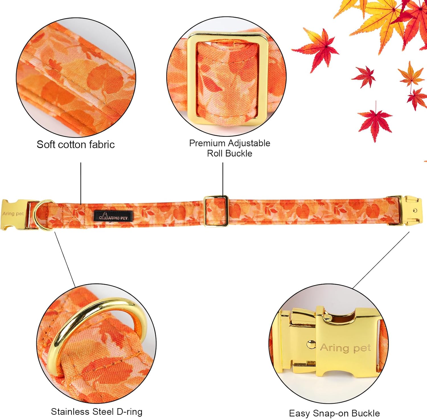 ARING PET Collar de perro de otoño, lindo collar de perro amarillo con lazo, ajustable de algodón con hojas de otoño, pajarita con hebilla de metal