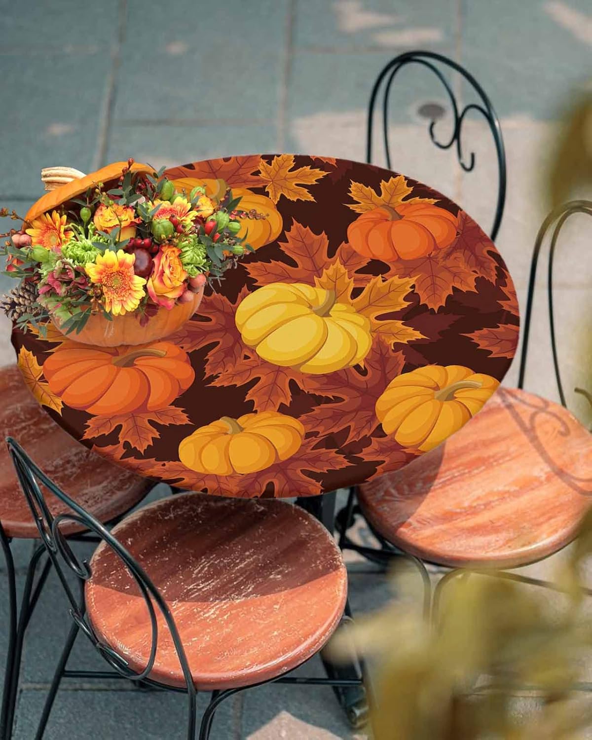 Mantel redondo ajustable con diseño de hojas de arce y calabaza de otoño, mantel con borde elástico, impermeable, mantel circular de cosecha de