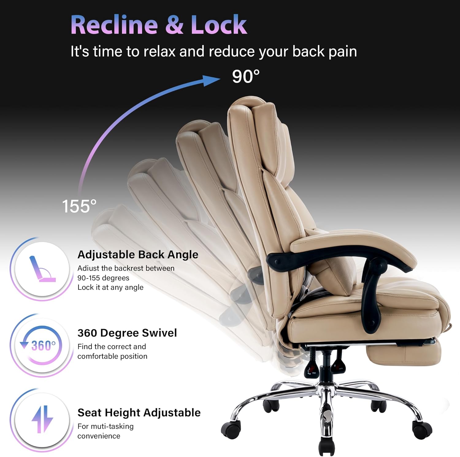 Silla de oficina reclinable con respaldo alto y reposapiés, cojín lumbar para computadora ejecutiva, ángulo ajustable, acolchado grueso transpirable