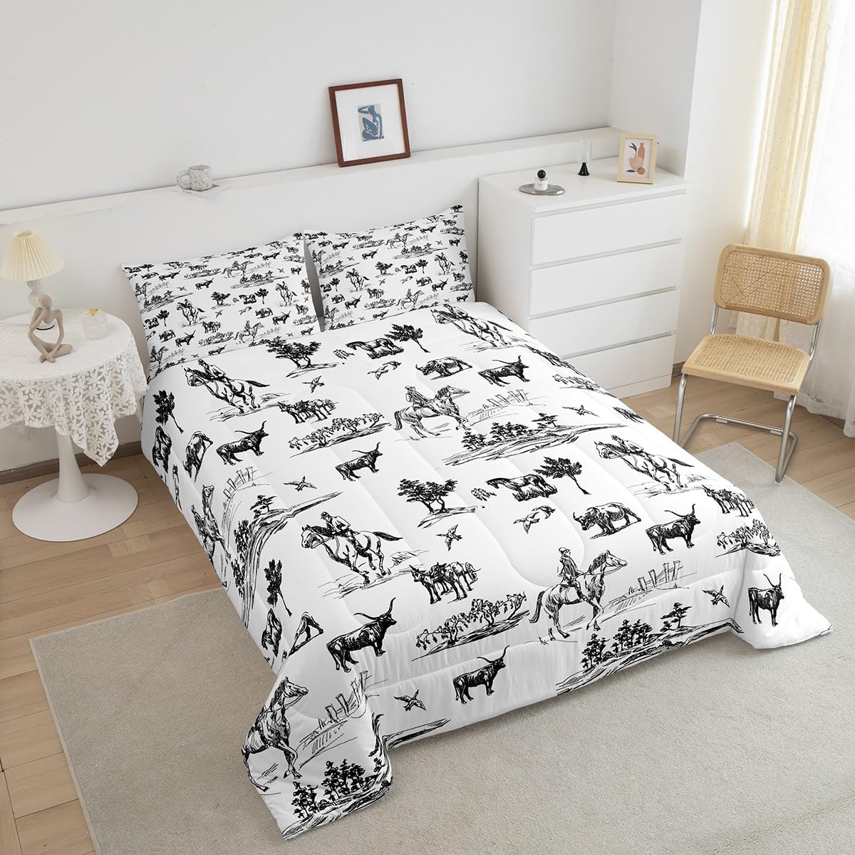 Juego de edredón occidental, tamaño matrimonial, juego de ropa de cama de vaca y caballo, 3 piezas, diseño de animales de granja para niños, niñas y
